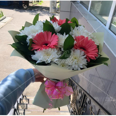 Арт. 0022. Гербера 3шт, куст.хризантема 3шт, салал 5, матовая пленка, бант (только для постоянных клиентов*)